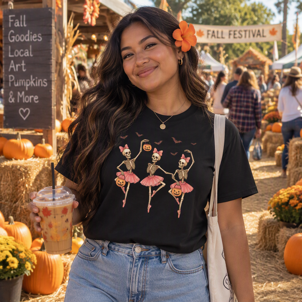 Skeleton Ballerina Trio T-Shirt – Halloween Bats & Pumpkin