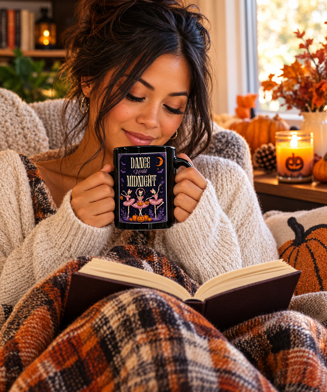 Dance Until Midnight Halloween mug with skeleton ballerinas held in a cozy fall setting