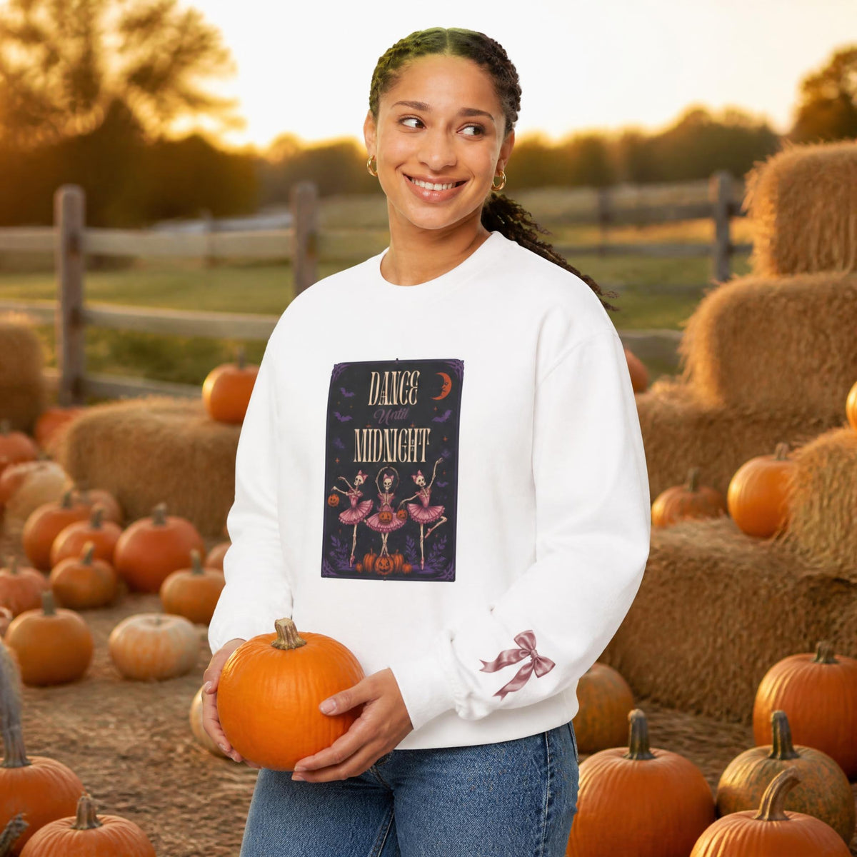 Dance at Midnight Halloween sweatshirt with skeleton ballerina panel in a lifestyle photo