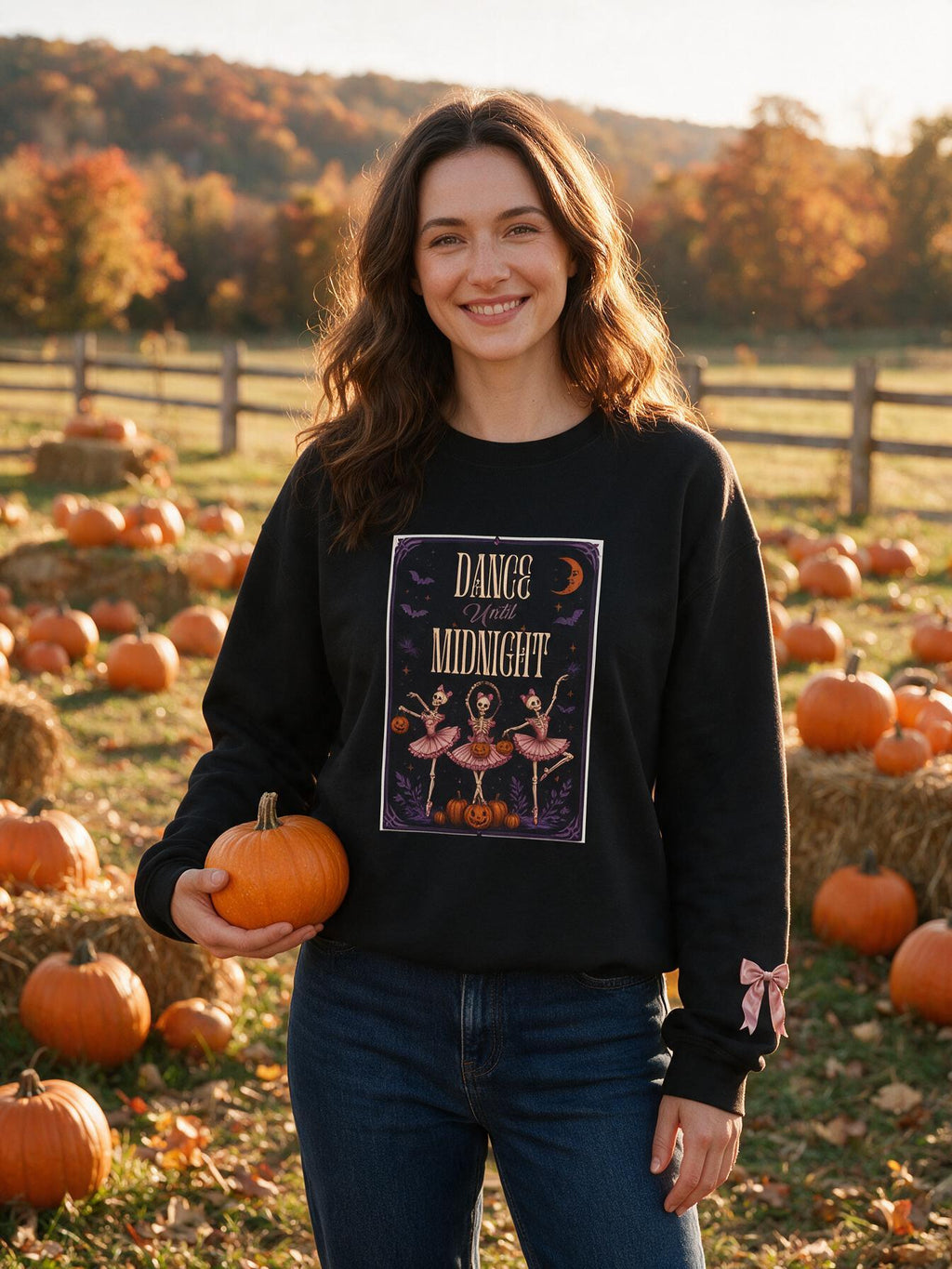 Dance at Midnight Halloween sweatshirt with skeleton ballerina panel in a lifestyle photo