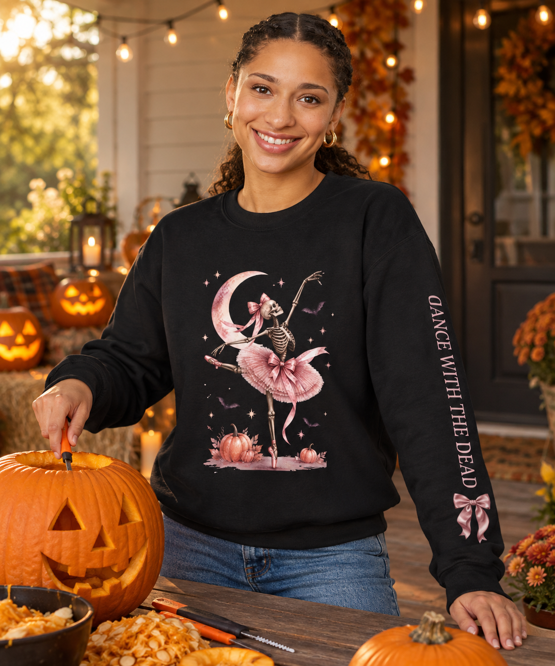 Skeleton Ballerina dancer sweatshirt with sleeve print in a lifestyle photo