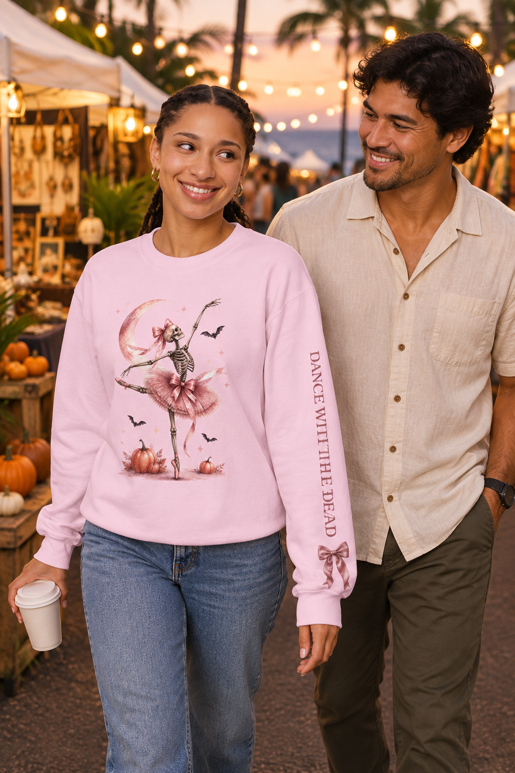 Skeleton Ballerina dancer sweatshirt with sleeve print in a lifestyle photo