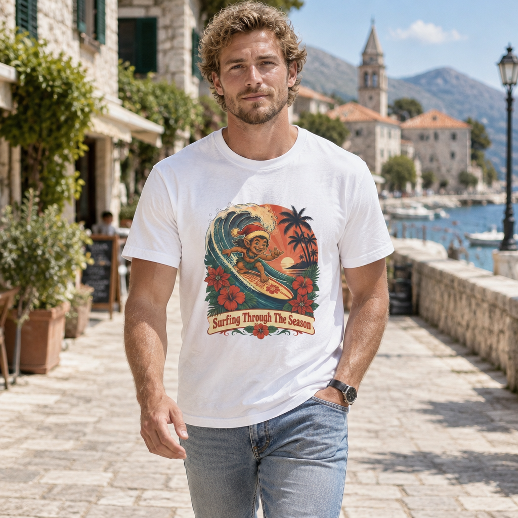 Menehune Surfing Through The Season tee in White - man walking in a coastal town