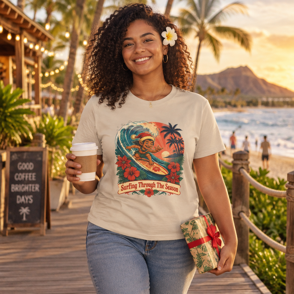 Menehune Surfing Through The Season tee in Sand - woman on a beach boardwalk with coffee and a gift