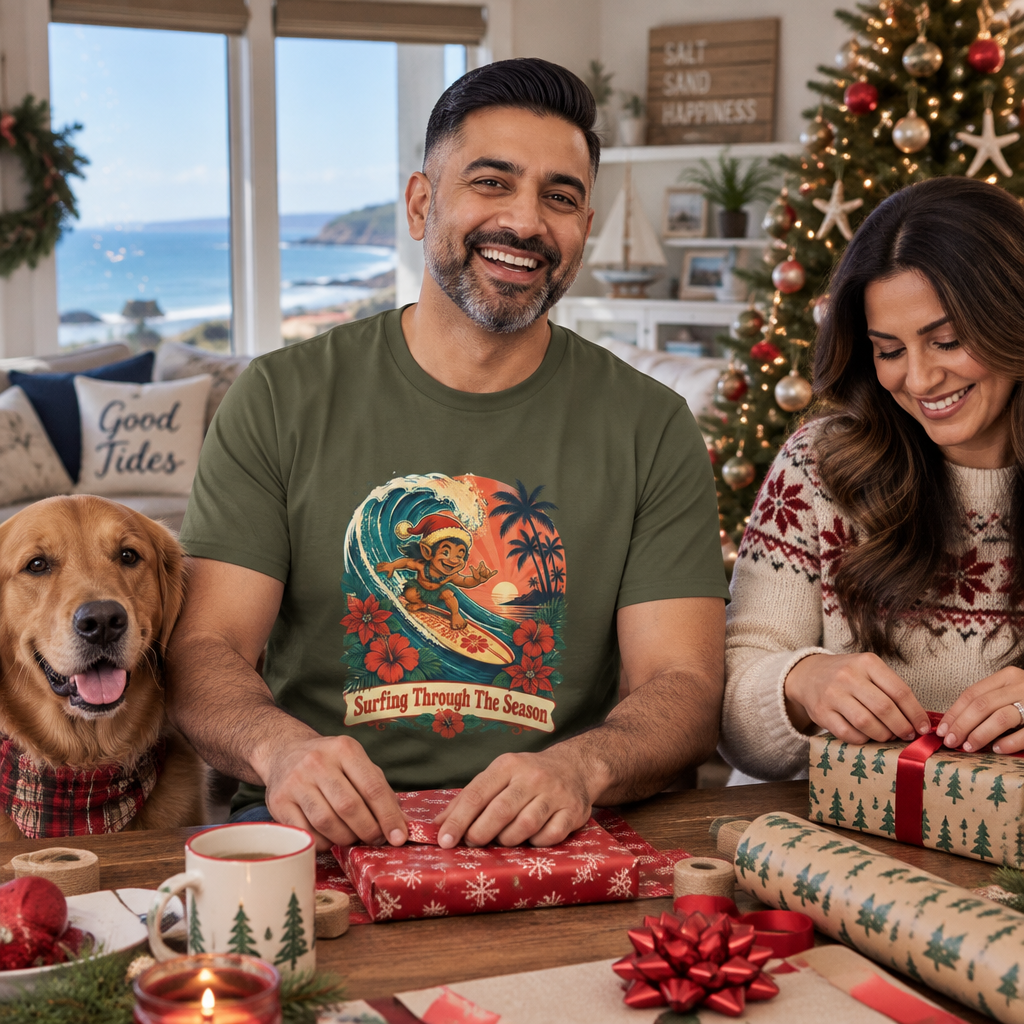 Menehune Surfing Through The Season tee in Military Green - couple wrapping Christmas gifts