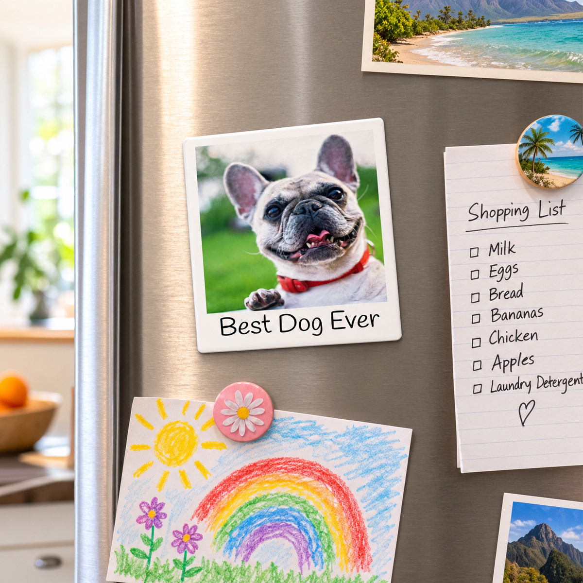 Personalized pet photo fridge magnet on a refrigerator door with a shopping list