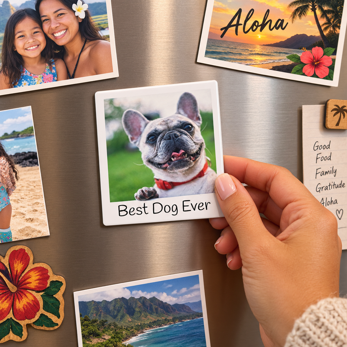 Hand placing a personalized pet photo fridge magnet on a refrigerator door