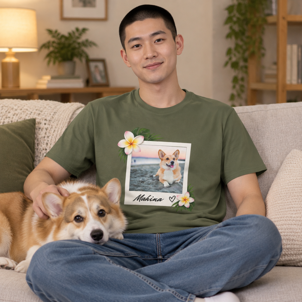 Personalized Pet Photo Polaroid tee in Military Green - man on a couch with a corgi