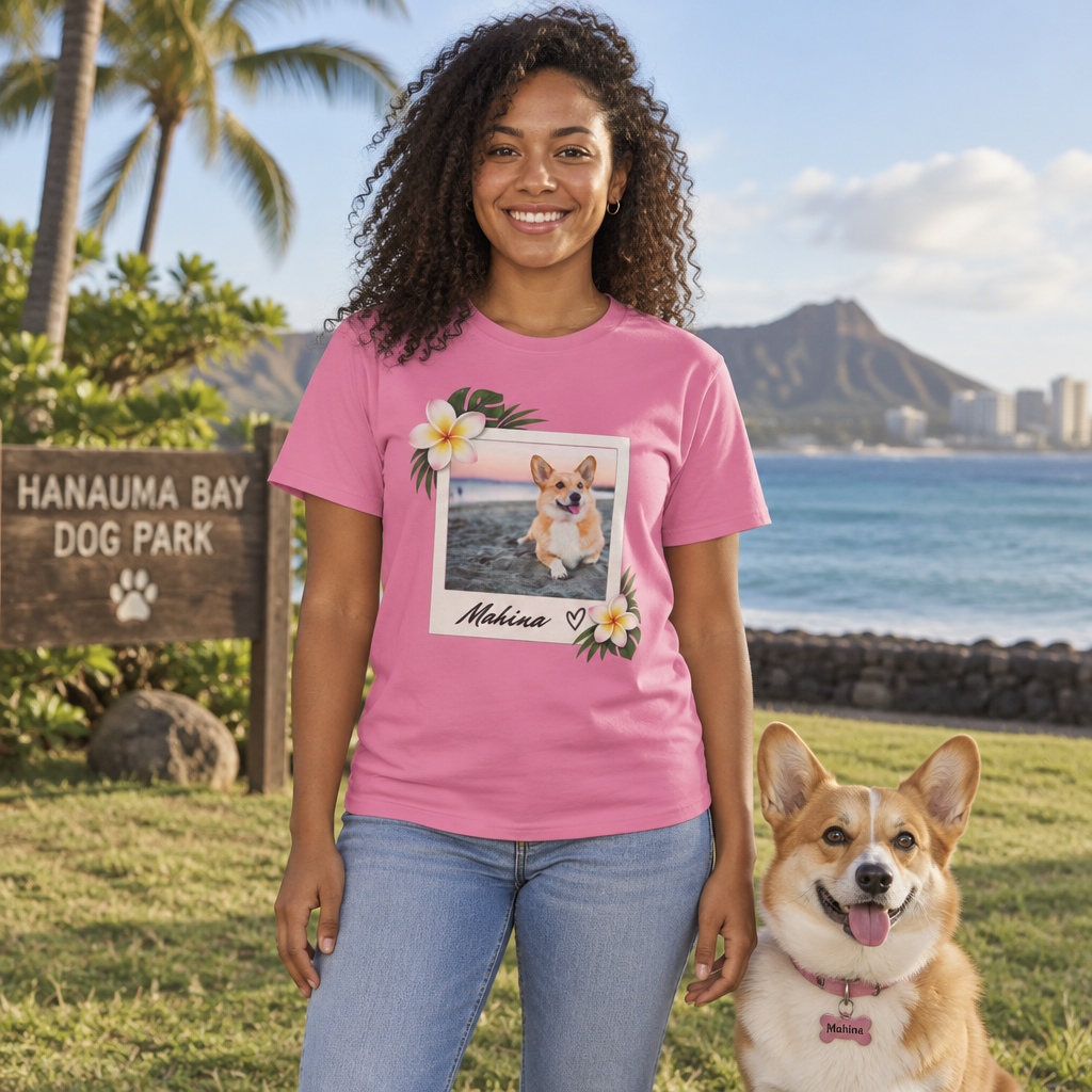 Personalized Pet Photo Polaroid tee in Azalea - woman with a corgi at a dog park
