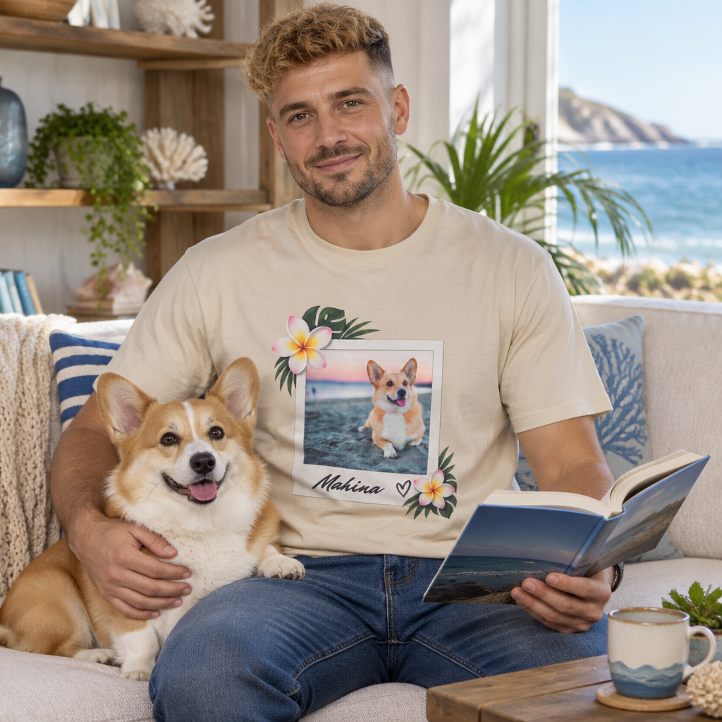 Personalized Pet Photo Polaroid tee in Sand - man on a couch with a corgi, reading