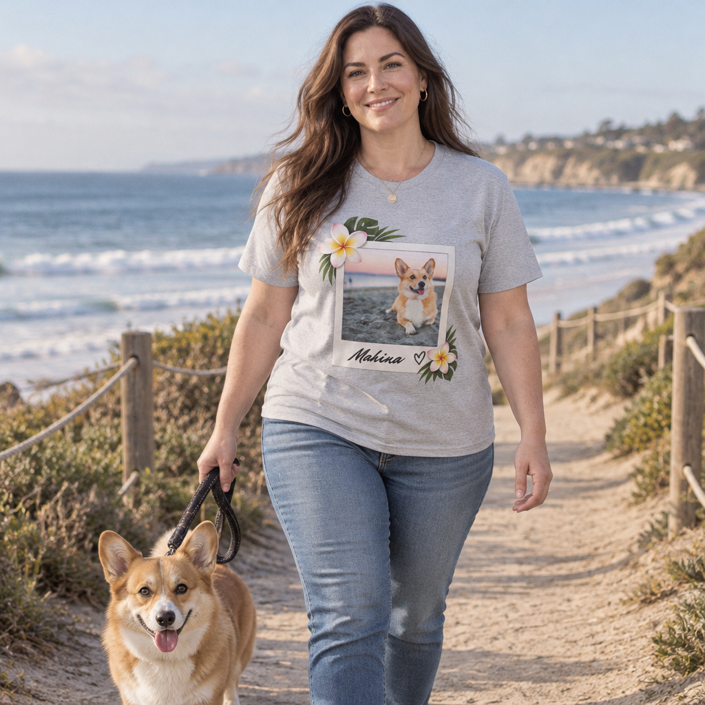Personalized Pet Photo Polaroid tee in Sport Grey - woman walking a corgi on a beach path