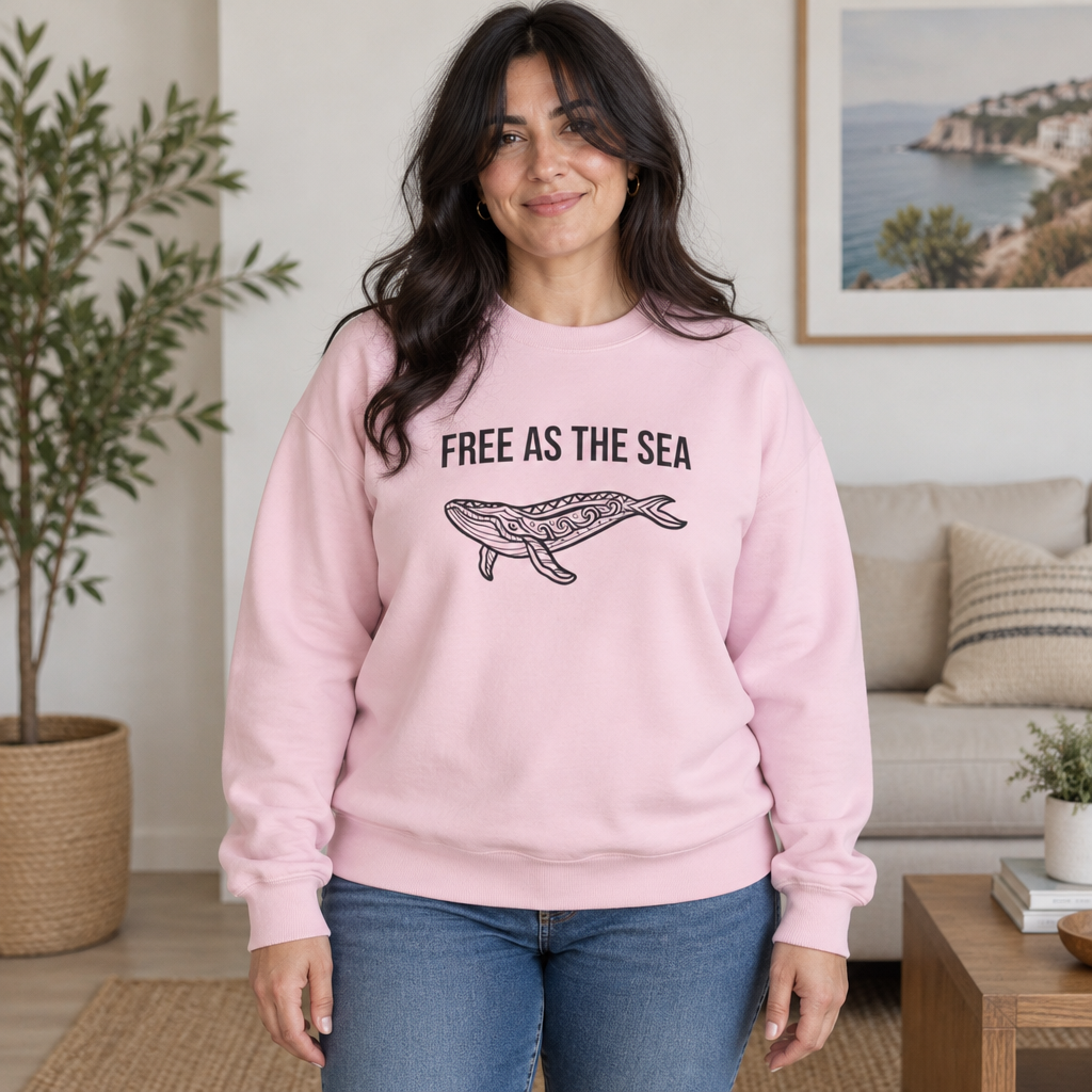 Free As The Sea whale sweatshirt in Light Pink - woman in a living room