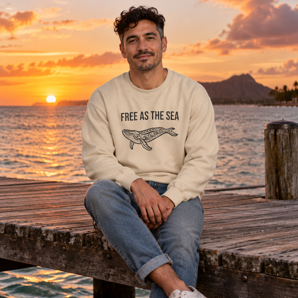Free As The Sea whale sweatshirt in Sand - man on a dock at sunset