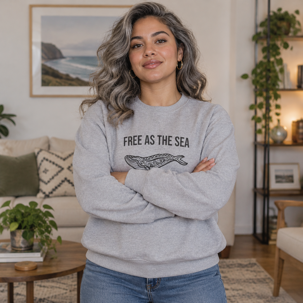 Free As The Sea whale sweatshirt in Sport Grey - woman in a living room