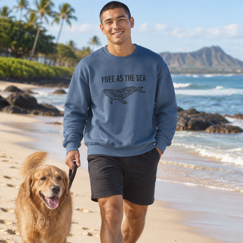Free As The Sea whale sweatshirt in Indigo Blue - man walking a golden retriever on the beach