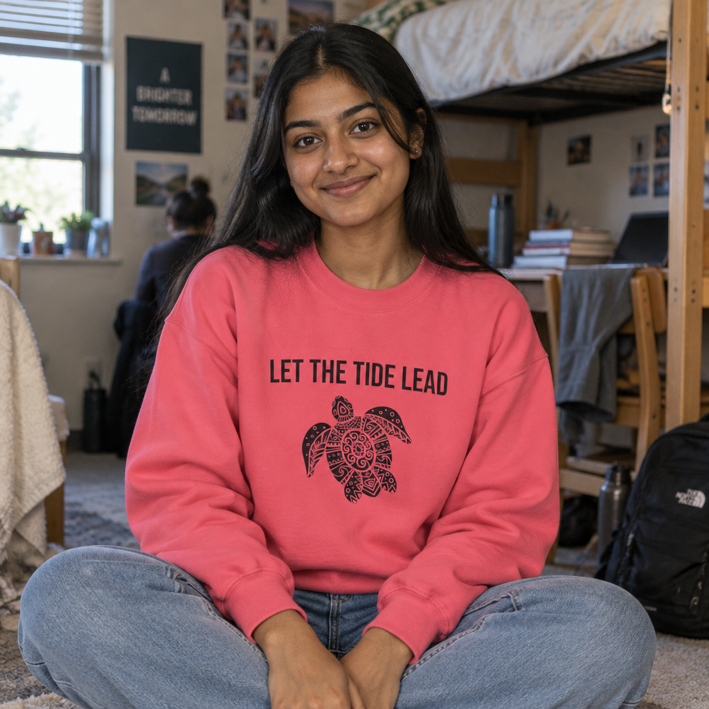Woman sitting cross-legged indoors wearing the safety pink Let the Tide Lead turtle crewneck
