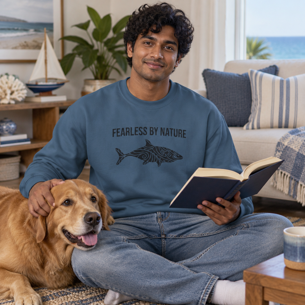 Man reading with a golden retriever wearing the indigo blue Fearless by Nature shark crewneck
