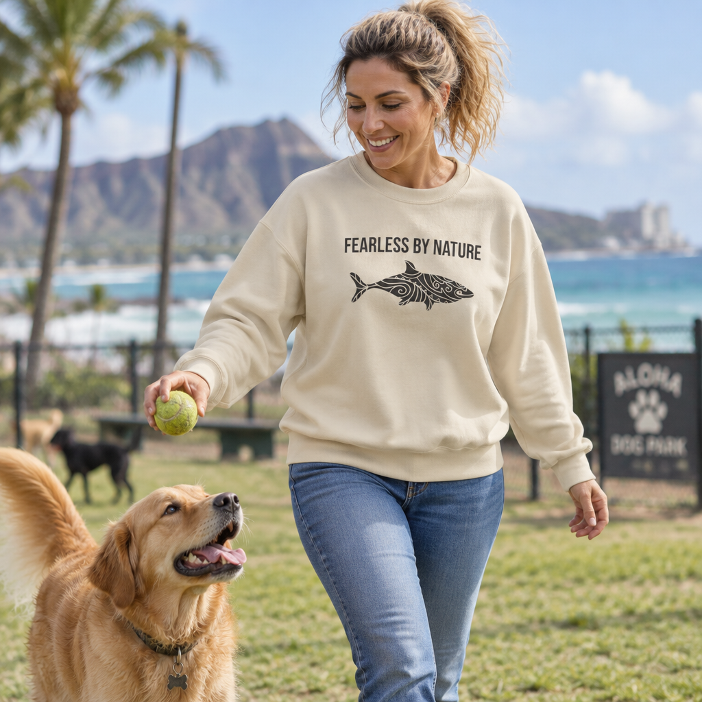Woman playing with a golden retriever at a dog park wearing the sand Fearless by Nature shark crewneck