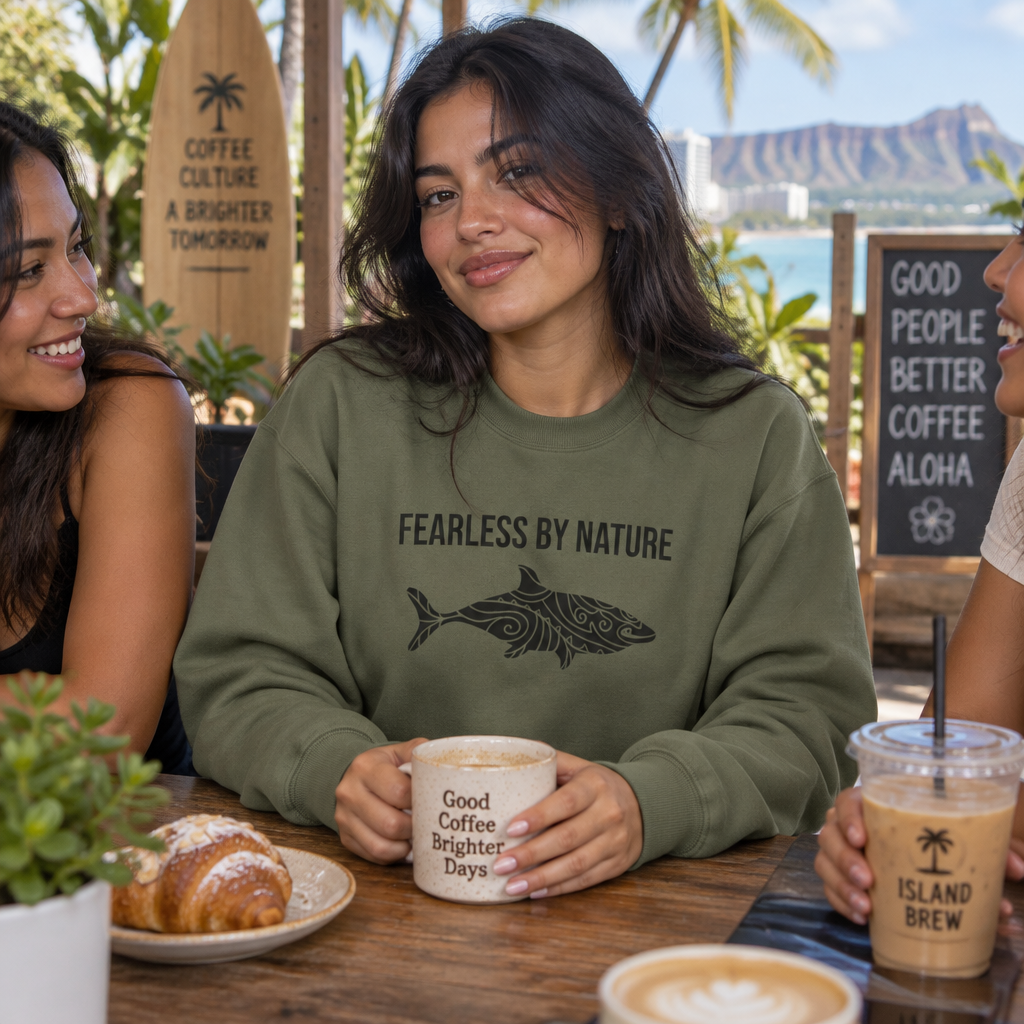 Woman at a beach cafe wearing the military green Fearless by Nature shark crewneck