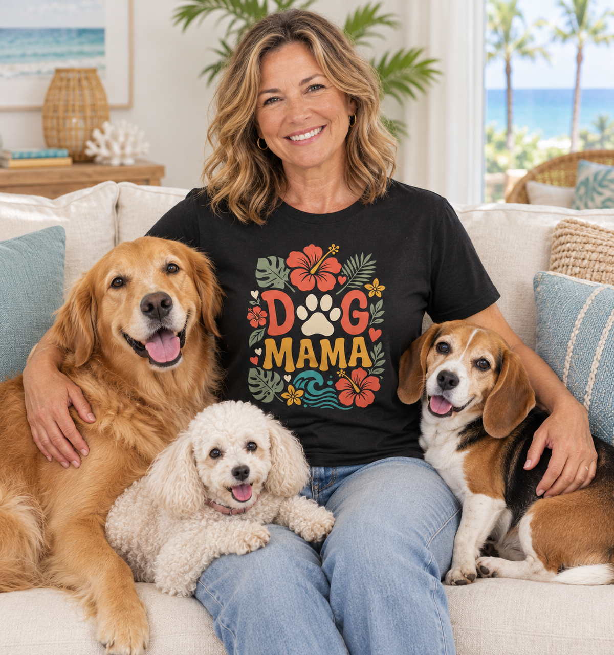 Dog Mama tropical floral paw print tee — lifestyle photo