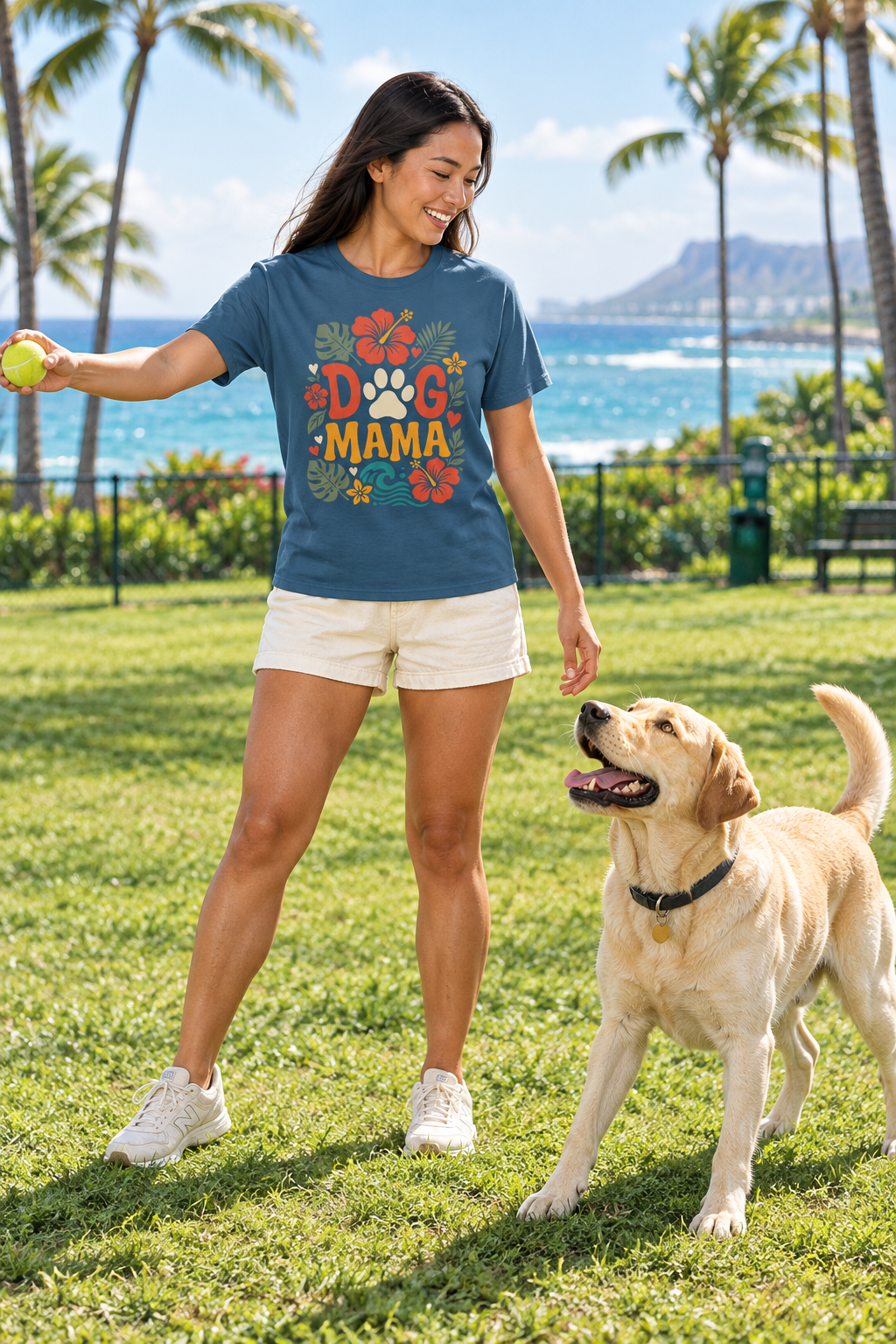 Dog Mama tropical floral paw print tee — lifestyle photo