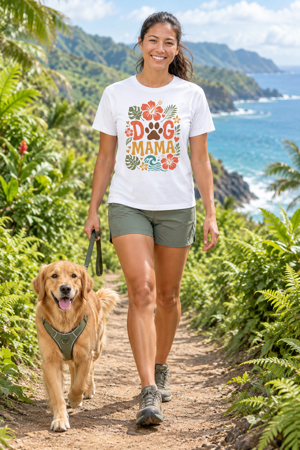 Dog Mama tropical floral paw print tee — lifestyle photo