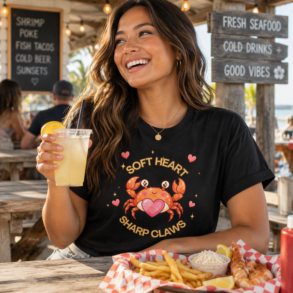 Woman laughing at a beachside seafood restaurant wearing the black Soft Heart Sharp Claws crab tee