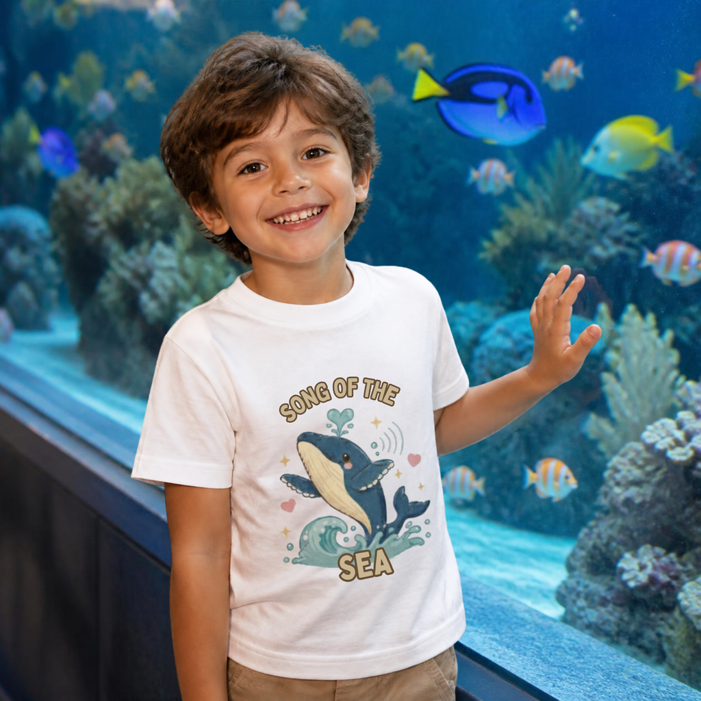 Boy at an aquarium wearing the white Song of the Sea whale kids tee