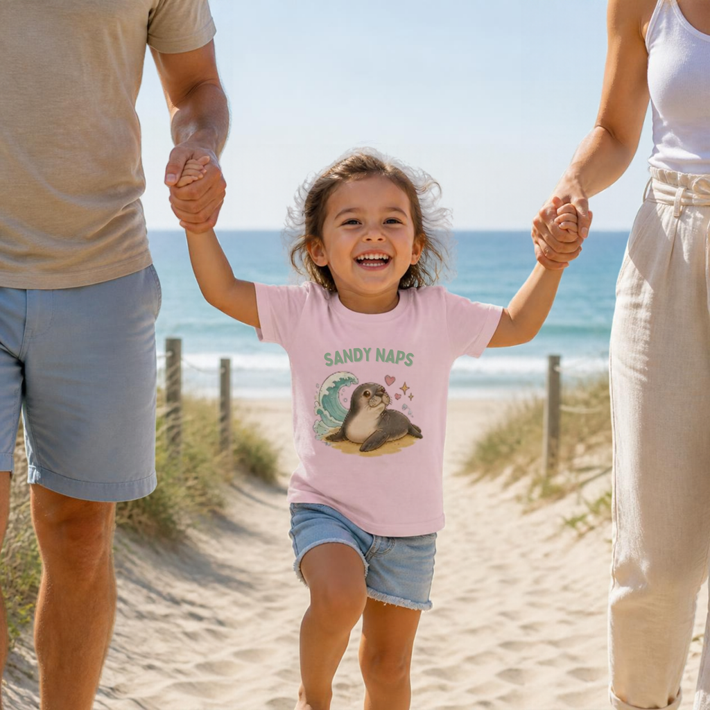 Girl walking on the beach holding hands wearing the light pink Sandy Naps monk seal kids tee