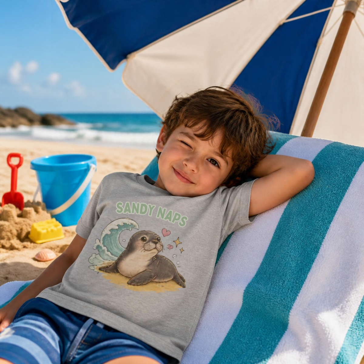 Boy lounging on a beach chair wearing the sport grey Sandy Naps monk seal kids tee