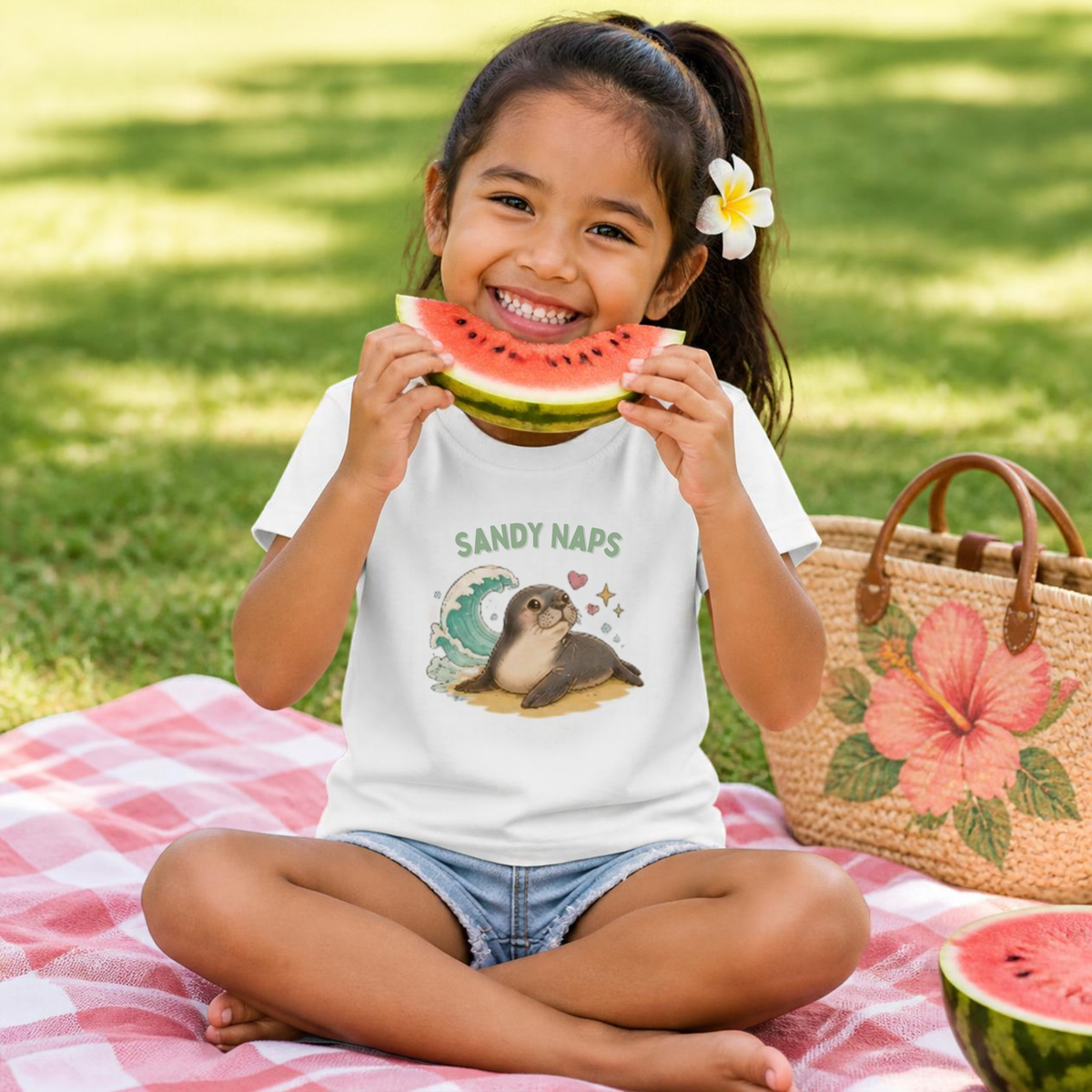 Girl eating watermelon at a picnic wearing the white Sandy Naps monk seal kids tee