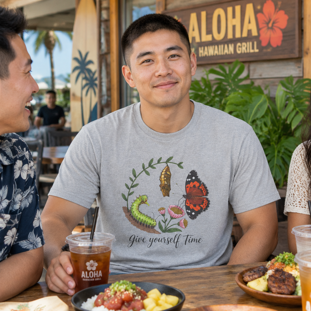 Man eating at a Hawaiian grill wearing the sport grey Give Yourself Time butterfly tee