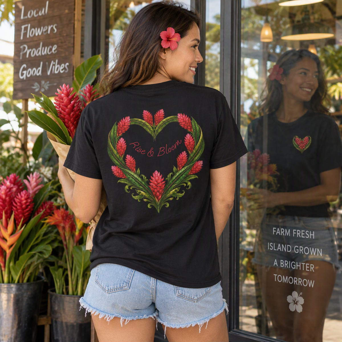 Red Ginger Floral Heart T-Shirt | Tropical Botanical Chest & Back