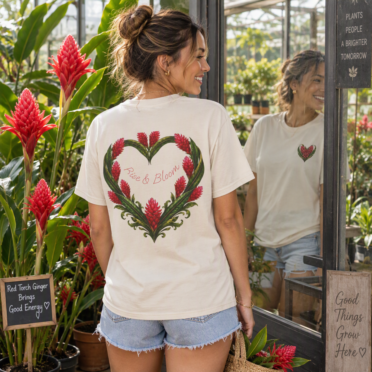 Red Ginger Floral Heart T-Shirt | Tropical Botanical Chest & Back