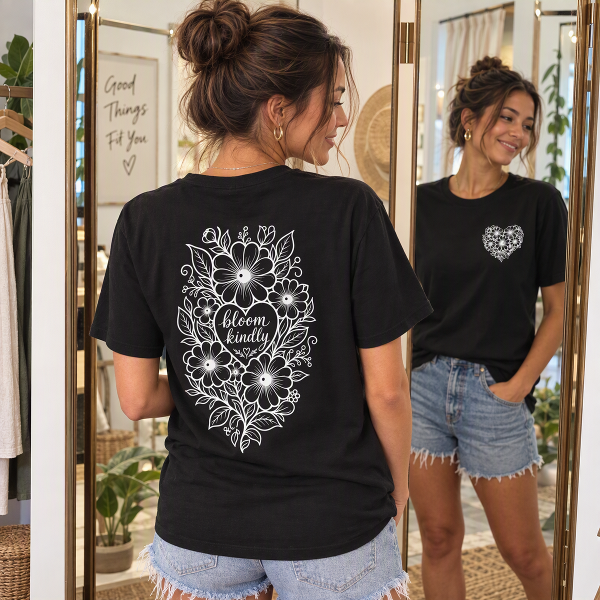Bloom Kindly Floral Heart T-Shirt – Daisy Line Art
