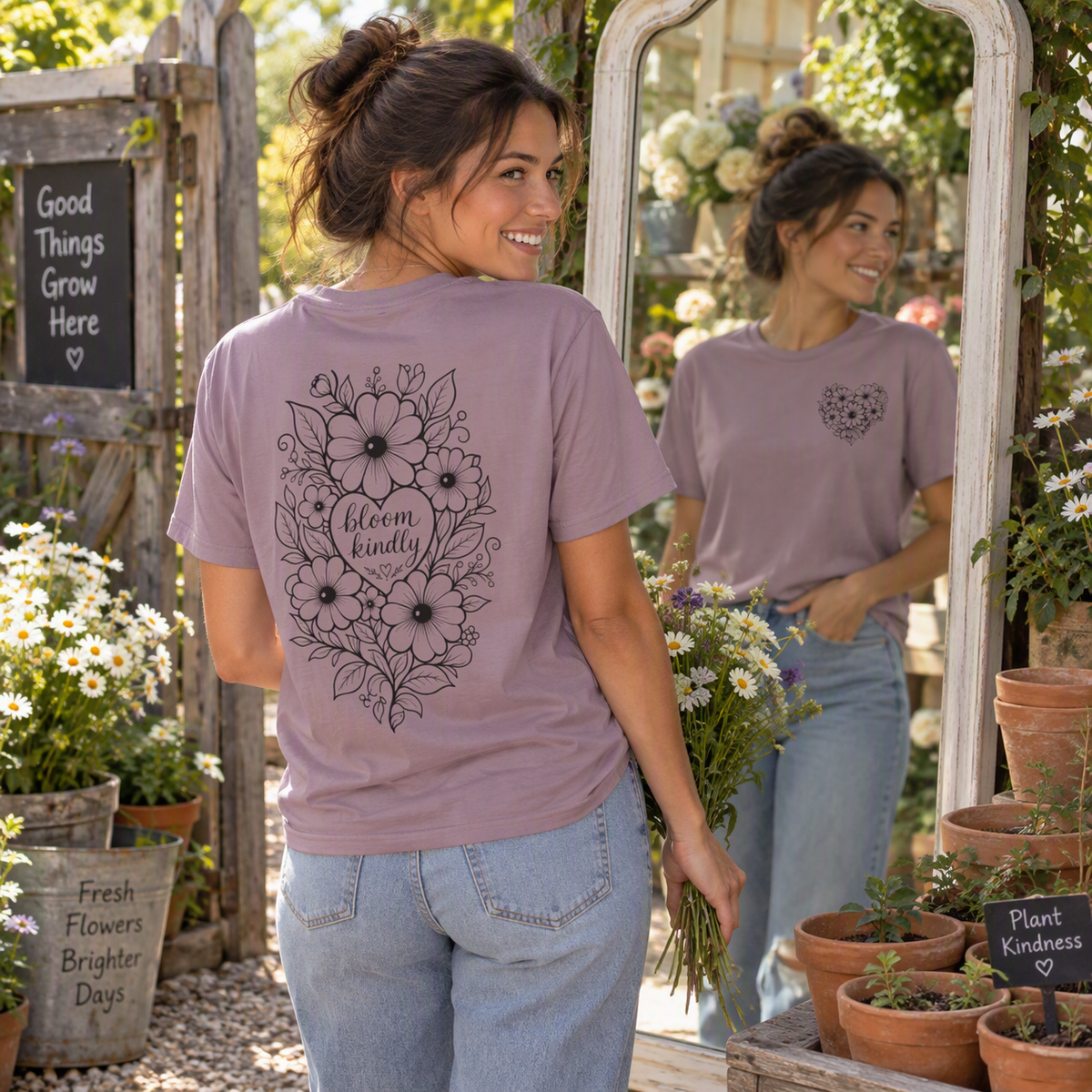 Bloom Kindly Floral Heart T-Shirt – Daisy Line Art