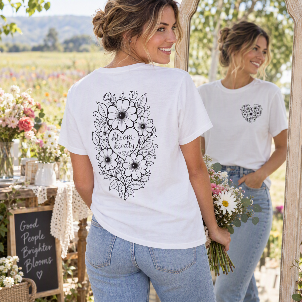 Bloom Kindly Floral Heart T-Shirt – Daisy Line Art