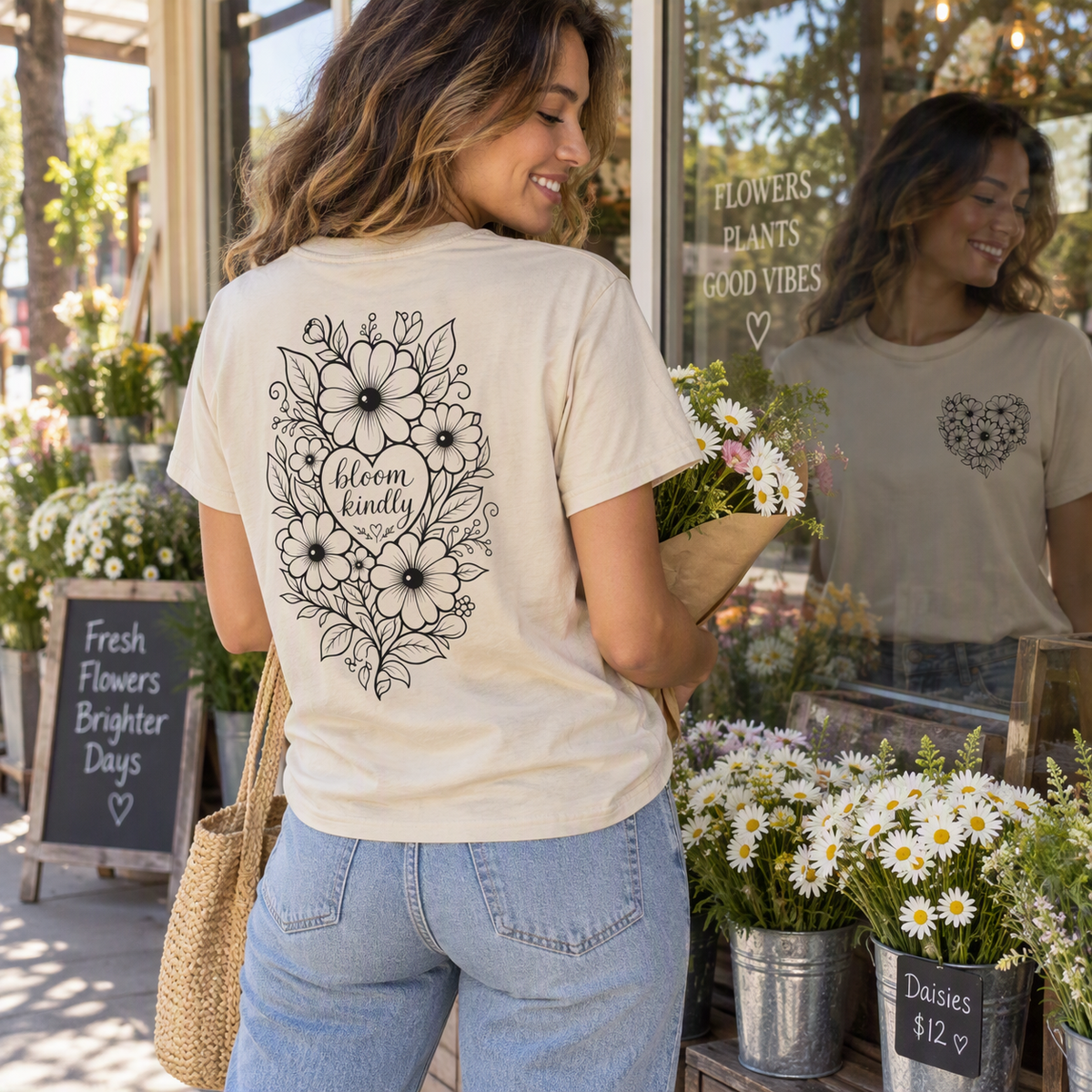 Bloom Kindly Floral Heart T-Shirt – Daisy Line Art