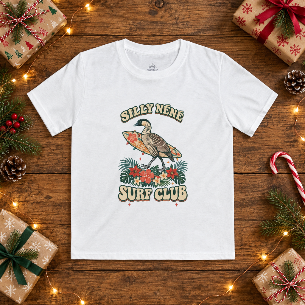 Silly Nēnē Surf Club Kids Christmas Tee – Hawaiian Goose Holiday Shirt