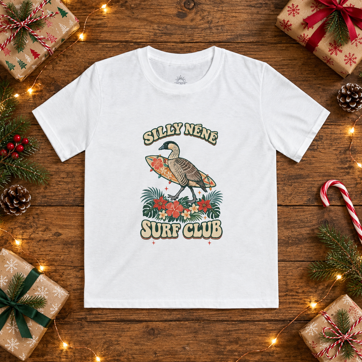 Silly Nēnē Surf Club Kids Christmas Tee – Hawaiian Goose Holiday Shirt