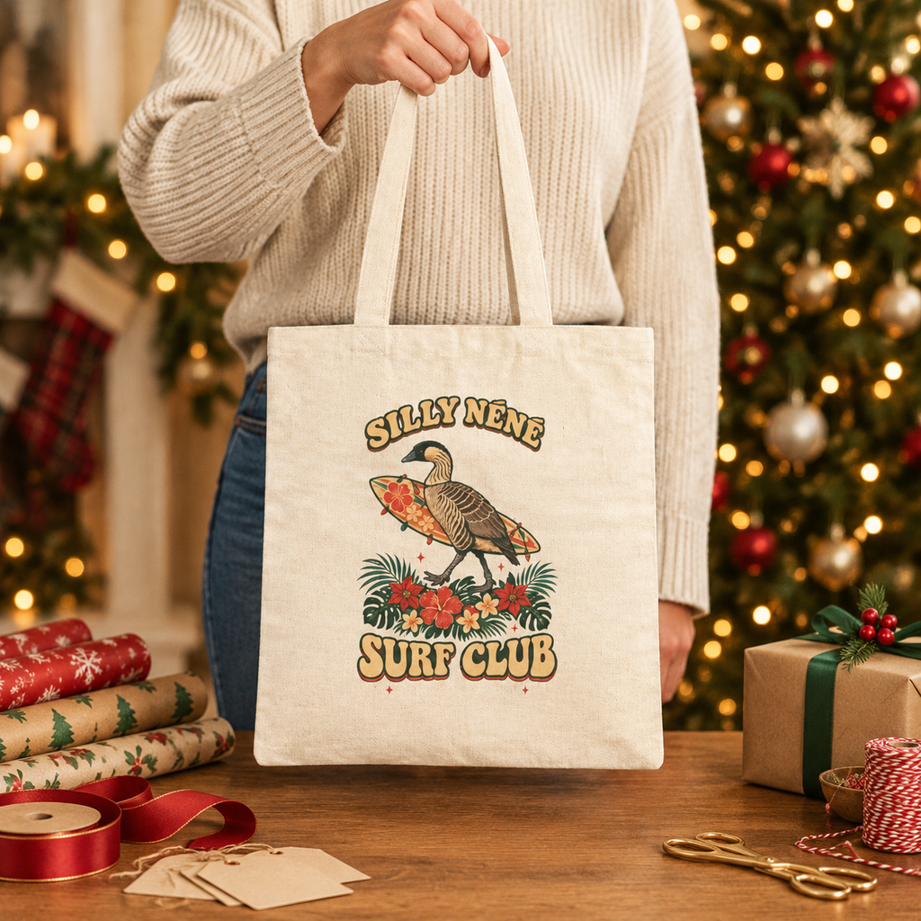 Silly Nēnē Surf Club Christmas Canvas Tote Bag – Hawaiian Goose Holiday Tote