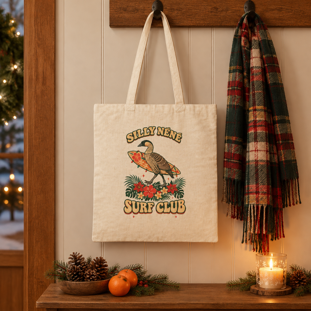 Silly Nēnē Surf Club Christmas Canvas Tote Bag – Hawaiian Goose Holiday Tote