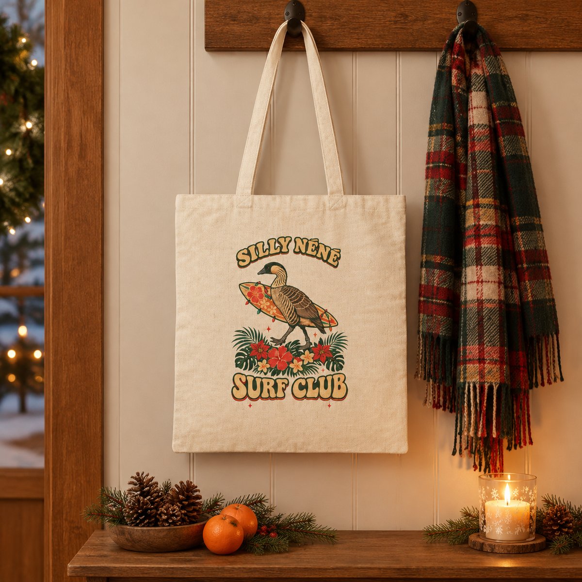 Silly Nēnē Surf Club Christmas Canvas Tote Bag – Hawaiian Goose Holiday Tote
