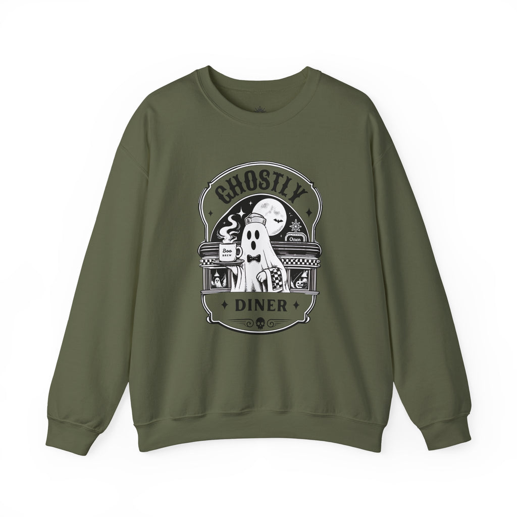 Ghostly Diner Sweatshirt — Vintage Halloween Ghost Café Crewneck
