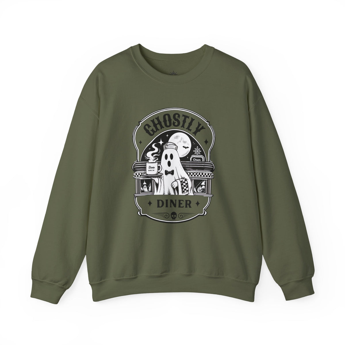 Ghostly Diner Sweatshirt — Vintage Halloween Ghost Café Crewneck