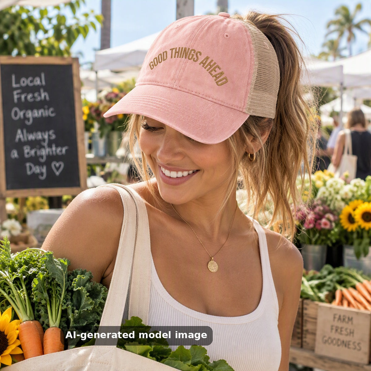 Good Things Ahead washed mesh-back cap — lifestyle photo
