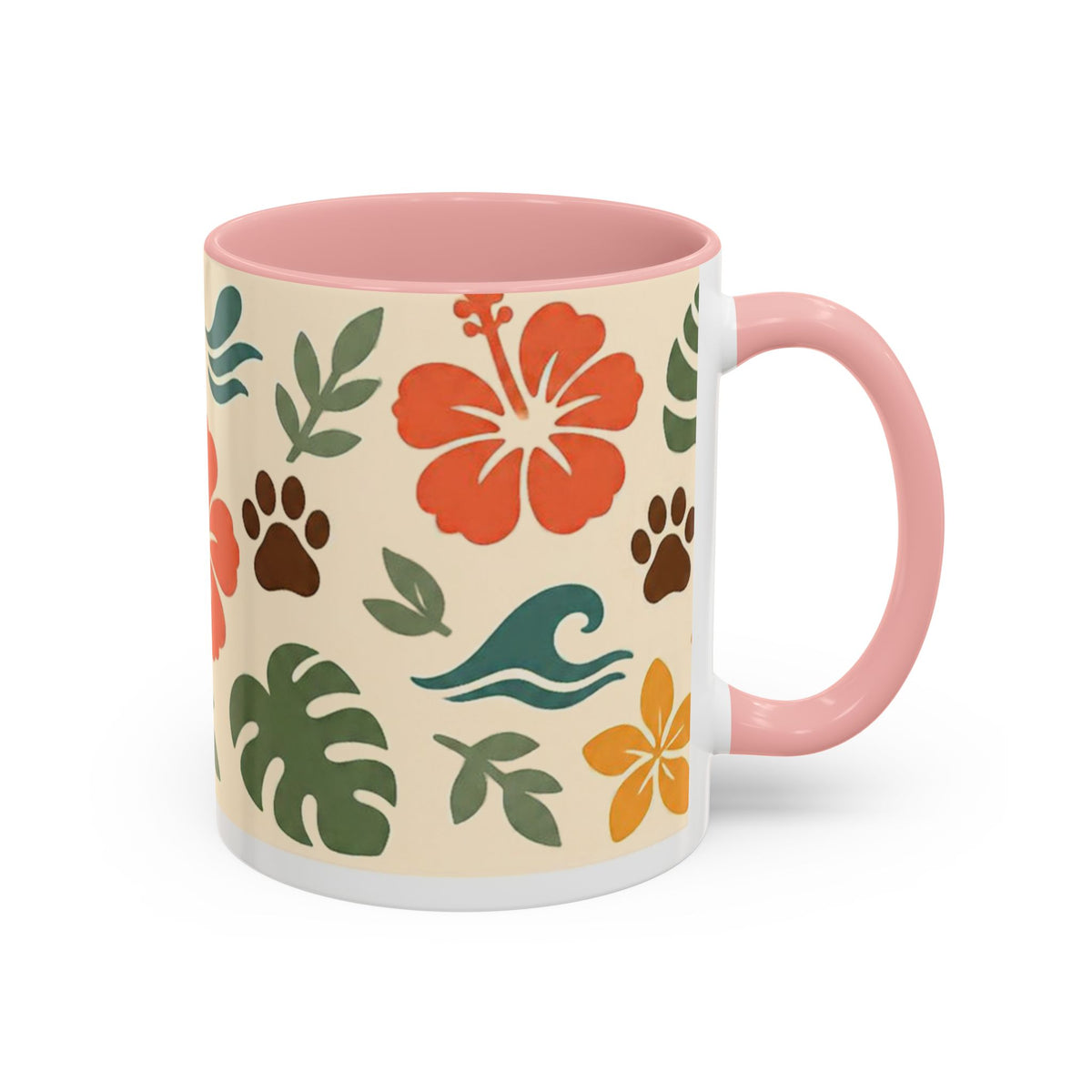 Tropical Hibiscus Paw Print Mug — Floral Coffee Cup for Dog Lovers
