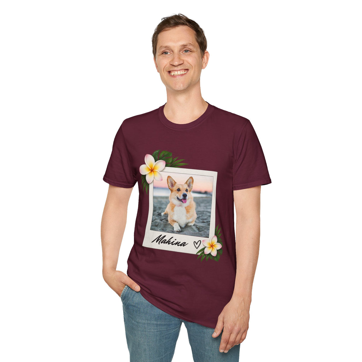 Personalized Pet Photo Polaroid Tee – Floral Frame, Custom Name