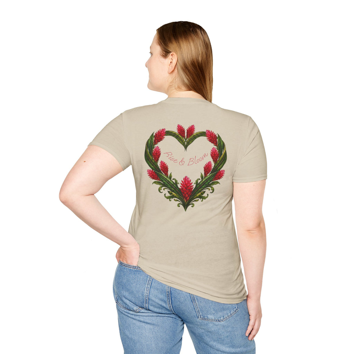 Red Ginger Floral Heart T-Shirt | Tropical Botanical Chest & Back