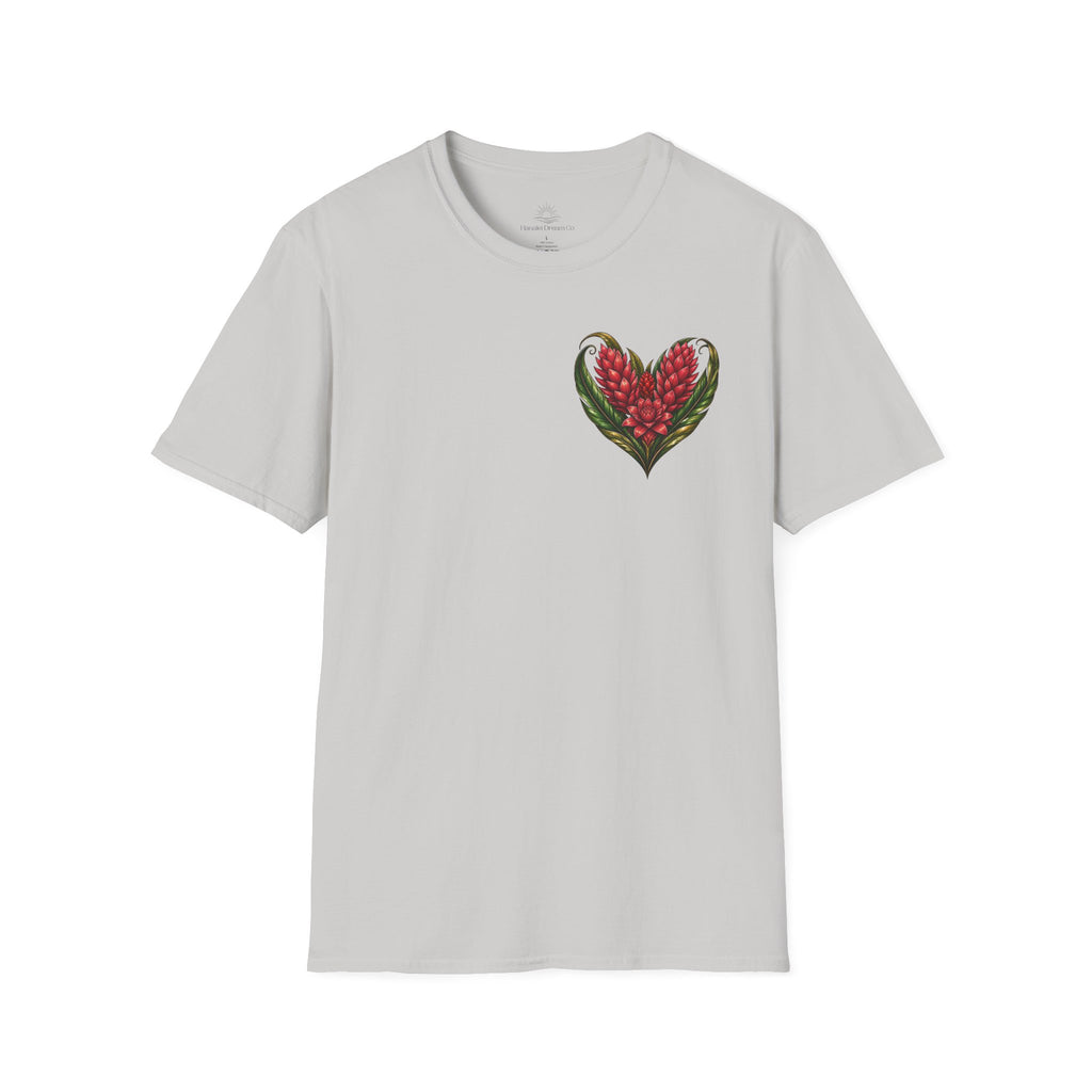 Red Ginger Floral Heart T-Shirt | Tropical Botanical Chest & Back